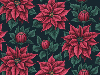 Vibrant Red Poinsettia Floral Pattern on Dark Background - Vector Illustration for Christmas Decor