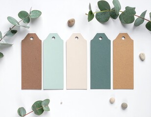 Assorted tags arranged on white surface with sprigs, pebbles, & greens