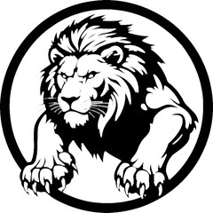 Majestic black and white lion circular emblem featuring a powerful profile.