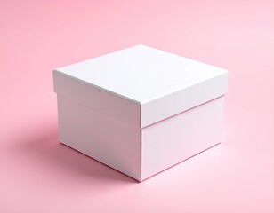A square, white box with a lid sits on a pastel pink background
