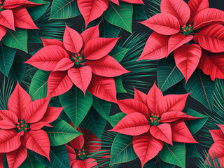Vibrant Red Poinsettia Flowers Pattern with Green Leaves on Dark Background Vector Illustration