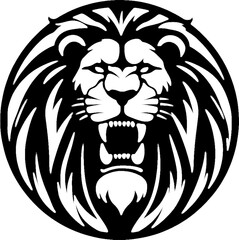 Majestic black and white lion circular emblem featuring a powerful profile.