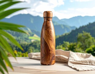 Sleek, wood-grain water bottle sits outdoors with mountain backdrop