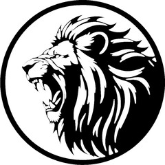 Majestic black and white lion circular emblem featuring a powerful profile.