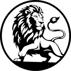 Majestic black and white lion circular emblem featuring a powerful profile.