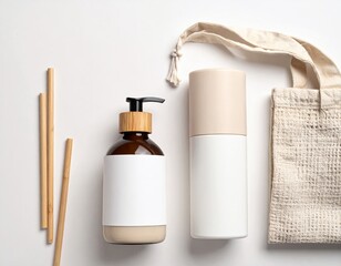 Brown and white bottles with a reusable bag and bamboo straws on white