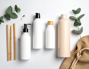 Cosmetic bottles, leaves, bamboo sticks, and linen bag on white