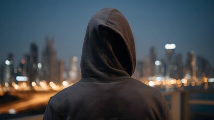 A person in a dark hoodie observes a blurred city skyline at night illuminated by vibrant lights
