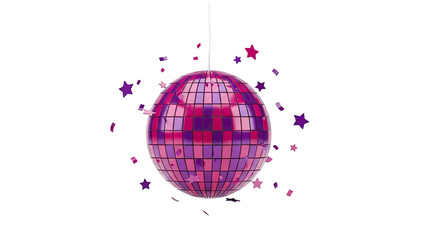 3D Disco ball with falling confetti and stars on transparent background