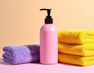 Pink bottle and towels. The scene is lit by warm lighting against a beige backdrop