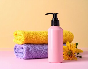 Stacked towels, lotion bottle and sunflower on pink, peach background