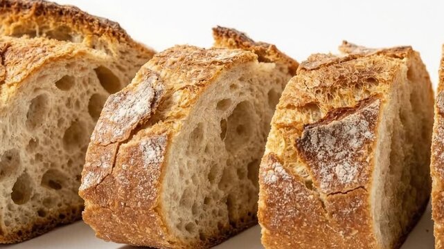 A captivating close-up showcases perfectly sliced, rustic artisan bread against a clean white background. The video emphasizes the bread's delectable texture, highlighting its golden-brown, crispy cru