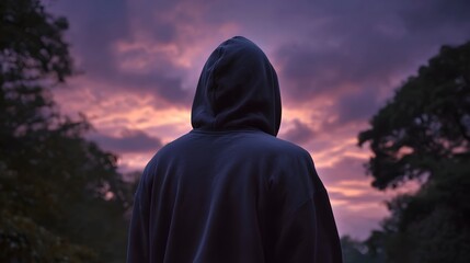 A person in a dark hoodie stands alone gazing at a dramatic twilight sky with vibrant purple and pink clouds