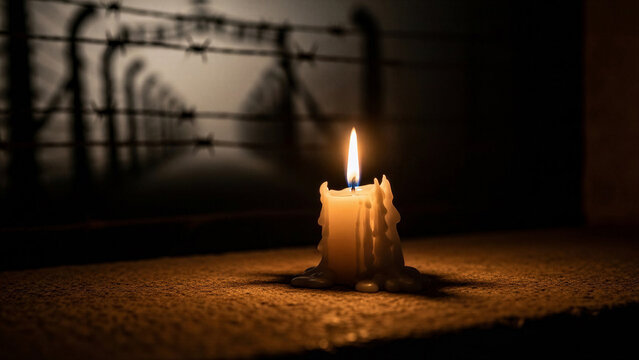 Candle burning on a surface with barbed wire shadows in darkness  