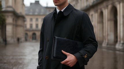 A professional man in a black trench coat holds a briefcase on a wet city street on an overcast day