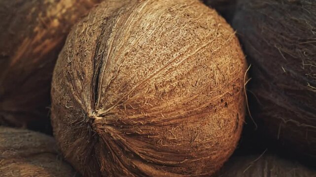 A captivating macro, close-up shot meticulously captures the rich, intricate details and fibrous texture of a natural coconut husk. The warm, earthy brown tones of the tropical fruit are highlighted u