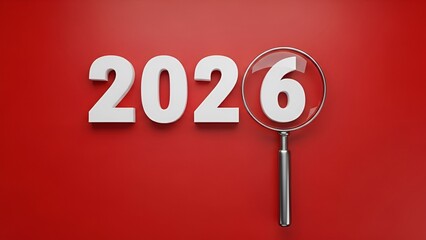 Magnifying glass focusing on the number six within the three dimensional year twenty twenty six rendering concept