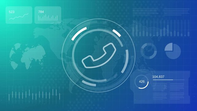Contact us call header page blue digital futuristic background with phone icon and data charts for business communication