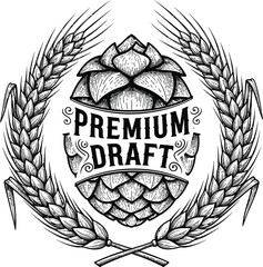 Hops wreath premium draft beer vector illustration for craft brewery alcohol beverage label design and bar pub logo isolated black on transparent
