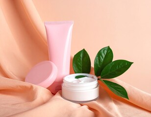 Skincare products sit on draped peach fabric with leaves