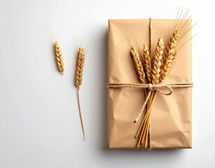 Gift wrapped in brown paper tied with twine & wheat stalks