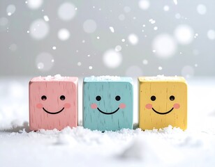 Three smiling blocks in pastel colors amid falling snowflakes and snow