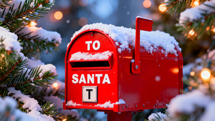 Bright red mailbox clearly labeled "To Santa" sits outdoors covered lightly in fresh white snow near evergreen branches decorated with warm holiday lights.