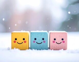 Three colorful smiling blocks sit in the snow, a cheerful winter scene