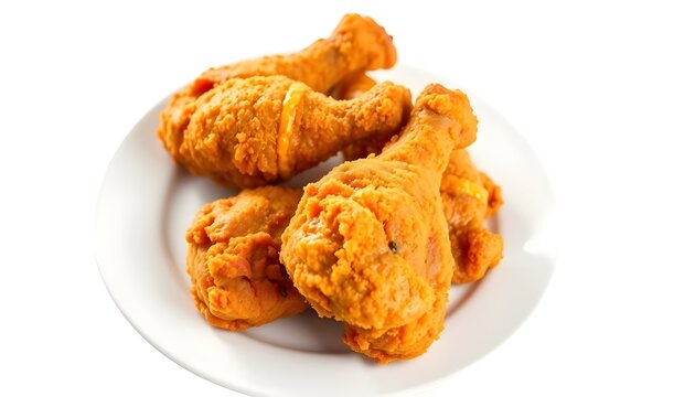 Three golden-brown fried chicken drumsticks arranged on a white plate. Each piece is deep-fried to a crisp texture, with a rich, crunchy coating and juicy interior. The presentation is simple yet appe