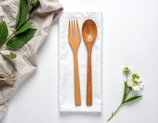 Wooden cutlery rests on a white napkin, greenery adds a natural touch