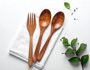 Wooden utensils lie on a linen napkin with foliage and peppercorns