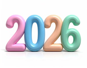 Pastel 2026 numerals in a 3D style, arranged on a white backdrop
