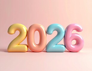 Pastel colored "2026" in glossy, bubbly font on a solid pink backdrop