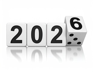 Dice forming "2026" with reflective surface on white background