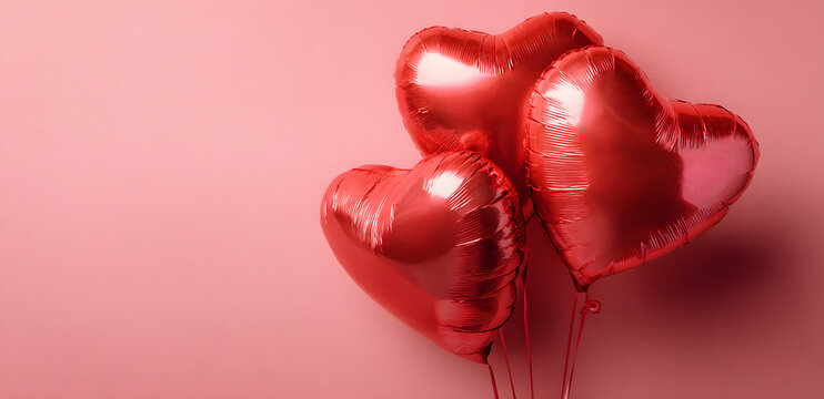 Red heart shaped balloons on pink background, flat lay with space for text. Saint Valentine's day celebration - Powered by Adobe