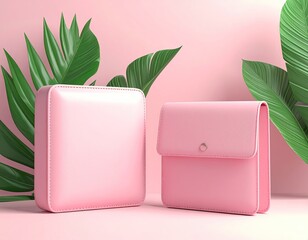 Two pink leather bags on a pastel backdrop with green leaves