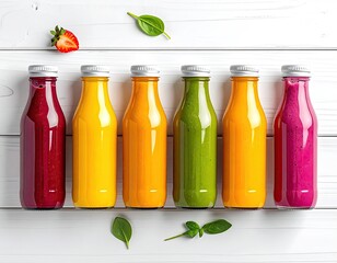 Six colorful juices in glass bottles with fresh garnishes on white wood