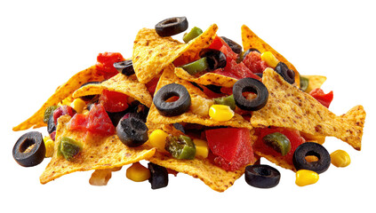 Delicious Nachos with Toppings Including Olives and Salsa Isolated on Transparent Background