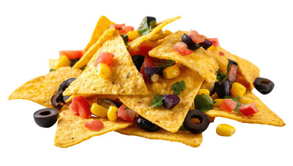 Delicious Nachos with Toppings including Olives and Corn Chips Isolated on Transparent Background