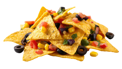 Delicious Nachos with Toppings including Olives and Corn Chips Isolated on Transparent Background
