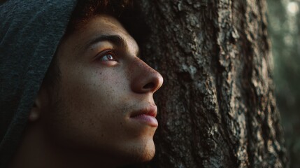 thoughtful young man leaning against tree in nature