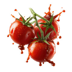 Fresh Red Tomatoes with Green Stems Splashing Juice Isolated on Transparent Background