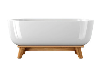 Modern White Bathtub with Wooden Stand Elegant Bathroom Fixture Isolated on Transparent Background