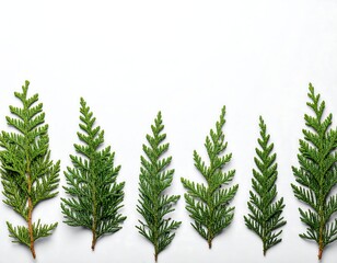 Five evergreen sprigs laid out on a white surface, neatly arranged