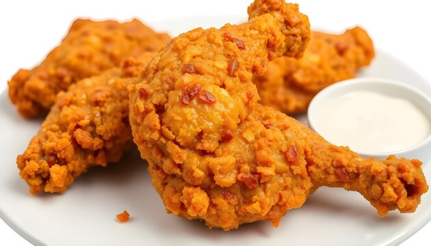 givA white plate filled with crispy golden-brown fried chicken drumsticks, arranged neatly with crunchy coating. Accompanied by a small container of creamy white dipping sauce, likee this image prompt