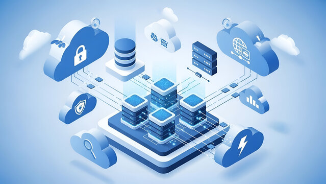 Cloud Computing Data Center with Networking Cloud Icons