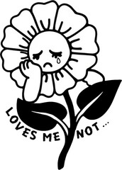Sad crying daisy flower cartoon with Loves Me Not text in a vintage tattoo style.