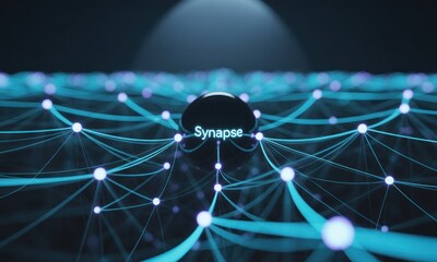 Dark background, glowing turquoise network, central sphere with "Synapse" text