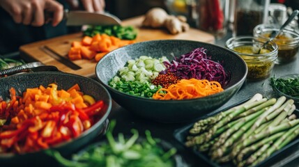 vegan cooking class participants assemble colorful healthy buddha bowls with fresh vegetables ingredients vibrant produce culinary creativity nourishing meals highlighted dish represents