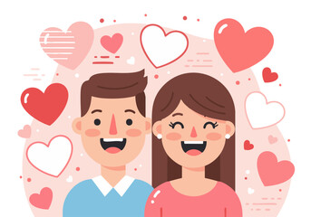 A romantic pink vector illustration of a happy couple celebrating Valentine's Day with a heart design to represent love and romance